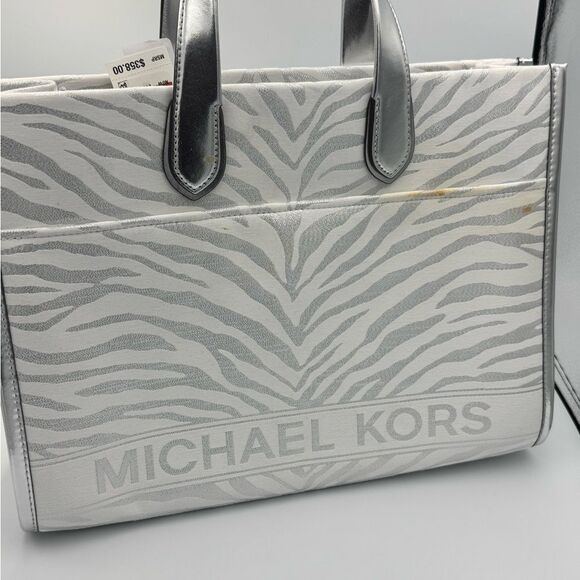 Michael Kors Silver Metallic Gigi Zebra Print Large Grab Tote Bag purse NWT - Picture 9 of 16